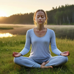 **Mindfulness Morning:** A serene individual meditating outdoors at dawn in a Swedish landscape. Soft, natural light with dew on the grass. Focus on calm and tranquility.
