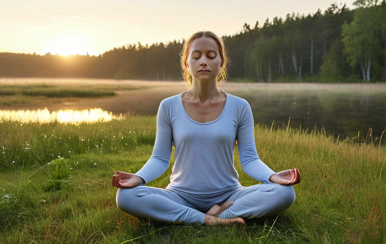 **Mindfulness Morning:** A serene individual meditating outdoors at dawn in a Swedish landscape. Soft, natural light with dew on the grass. Focus on calm and tranquility.