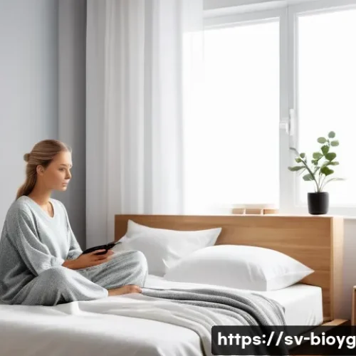 Home 11 바이오해킹의 성공 사례 연구 - A serene Scandinavian bedroom scene designed for optimal sleep biohacking, featuring a modern minima...