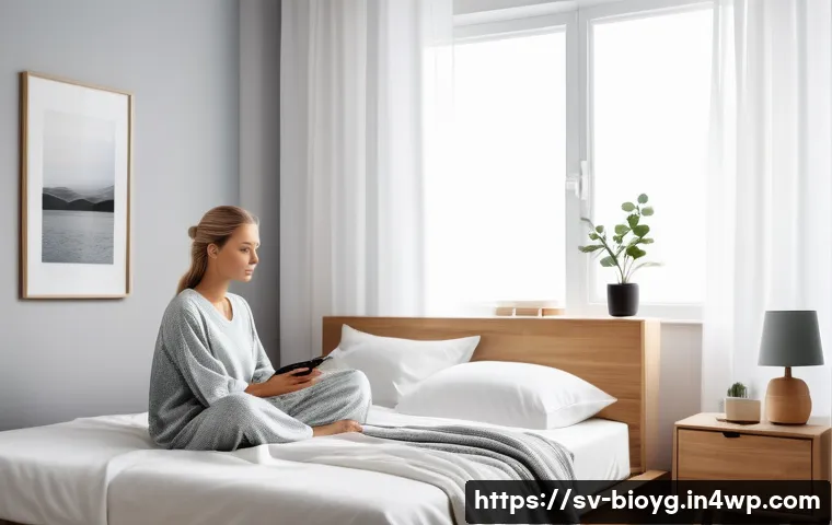 바이오해킹의 성공 사례 연구 - A serene Scandinavian bedroom scene designed for optimal sleep biohacking, featuring a modern minima...