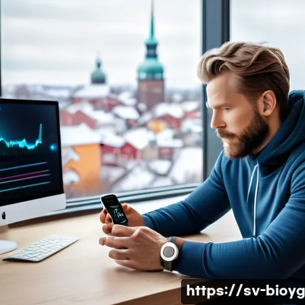 바이오해킹의 최신 트렌드와 전망 - A modern Swedish biohacker wearing a sleek smartwatch and fitness tracker on their wrist, analyzing ...