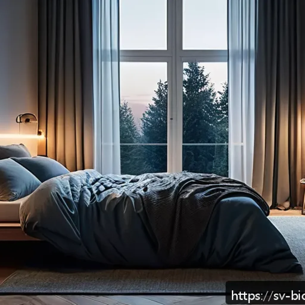 바이오해킹을 위한 대사 증진 방법 - A serene Scandinavian bedroom scene optimized for deep sleep: a cozy, modern room with blackout curt...