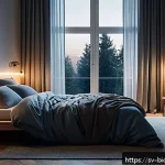 Home 19 바이오해킹을 위한 대사 증진 방법 - A serene Scandinavian bedroom scene optimized for deep sleep: a cozy, modern room with blackout curt...