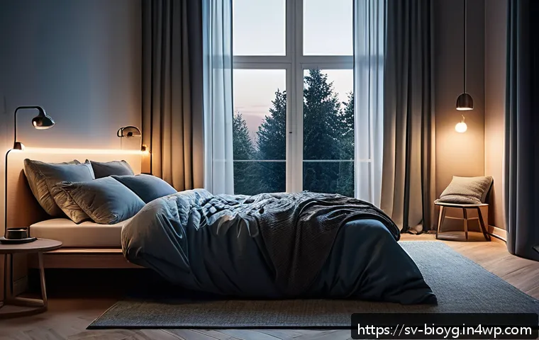 바이오해킹을 위한 대사 증진 방법 - A serene Scandinavian bedroom scene optimized for deep sleep: a cozy, modern room with blackout curt...