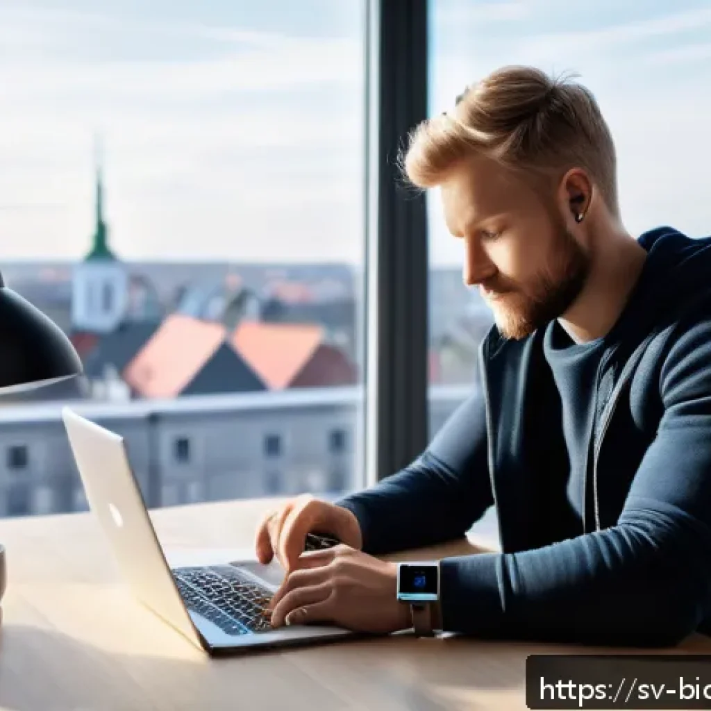 바이오해킹의 윤리적 문제 논의 - A modern Scandinavian workspace featuring a young adult wearing a sleek smartwatch and a minimalist ...