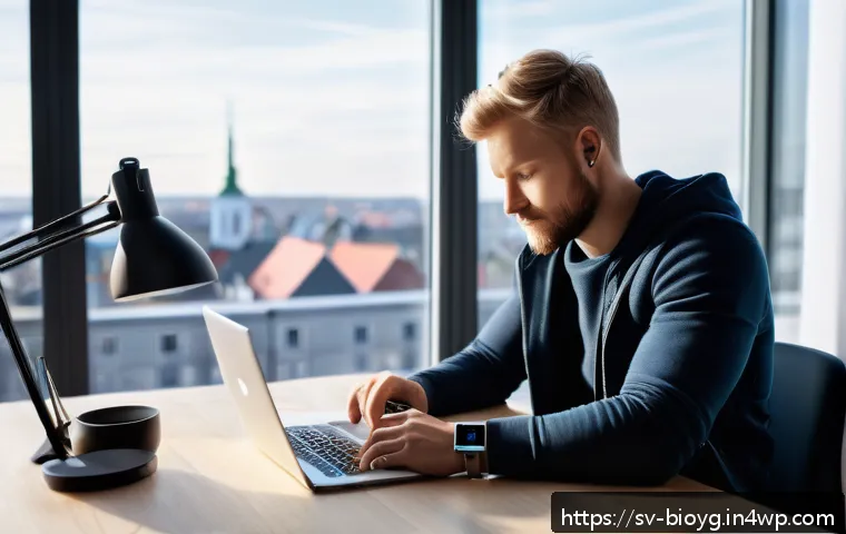 바이오해킹의 윤리적 문제 논의 - A modern Scandinavian workspace featuring a young adult wearing a sleek smartwatch and a minimalist ...