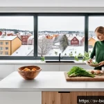 Home 23 바이오해킹에서의 뇌 기능 향상 방법 - A bright, modern Swedish kitchen scene featuring a person preparing a healthy meal rich in brain-boo...