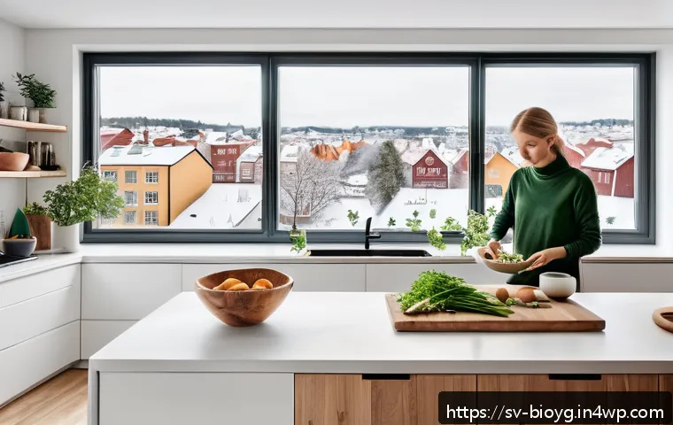 바이오해킹에서의 뇌 기능 향상 방법 - A bright, modern Swedish kitchen scene featuring a person preparing a healthy meal rich in brain-boo...