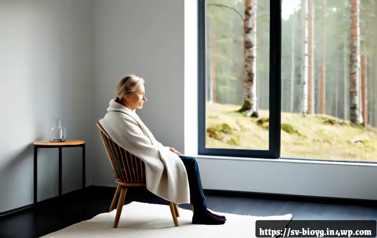 Home 15 바이오해킹을 위한 스트레스 해소 기법 - Photorealistic Swedish home wellness scene, a relaxed middle-aged adult practicing slow breathing be...